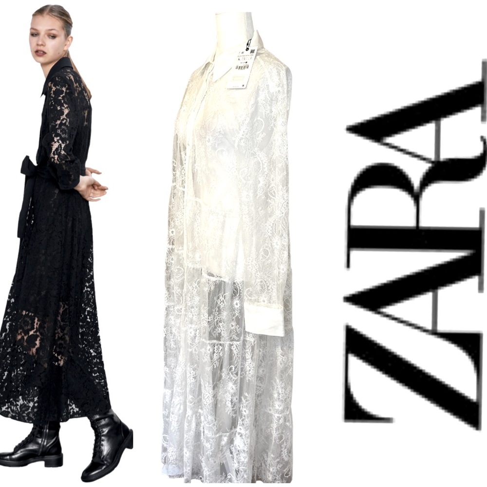 ZARA - NWT - White Lace Button Down See Through Maxi Dress. Size L